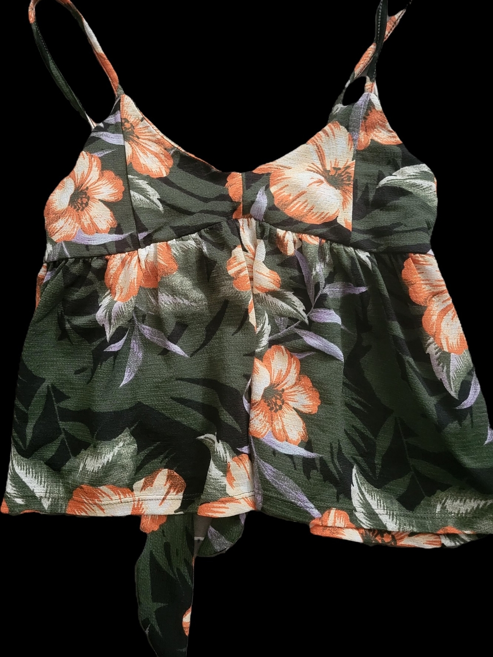Cotton On Olive Green Spaghetti Strap Floral Crop Top with Orange Blooms